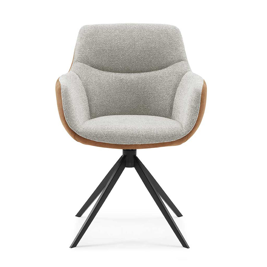 Dining Chair Ferrara - Cognac Bull Leather & Light Grey Sneak Fabric with Black Swivel Base - 61 x 61 x 85 cm