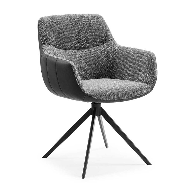 Dining Chair Ferrara - Black Bull Leather & Dark Grey Sneak Fabric with Black Swivel Base - 61 x 61 x 85 cm