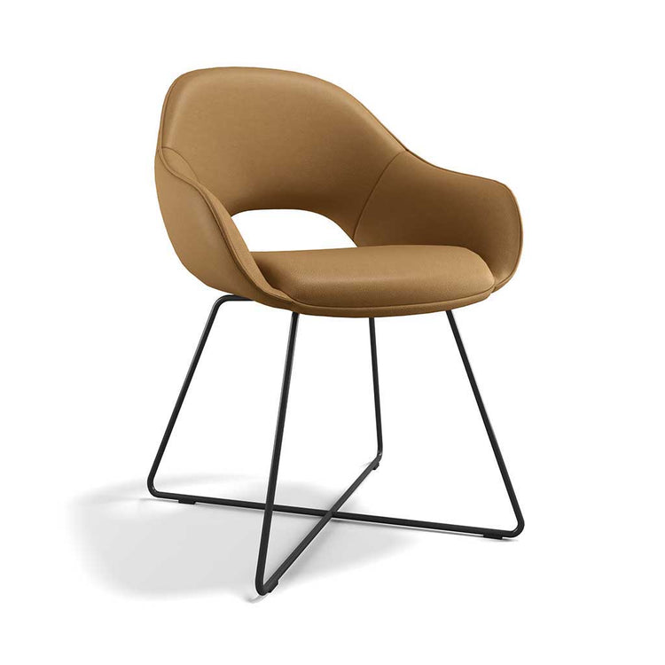 Milan dining chair in cognac B401 leather with black metal frame and armrests