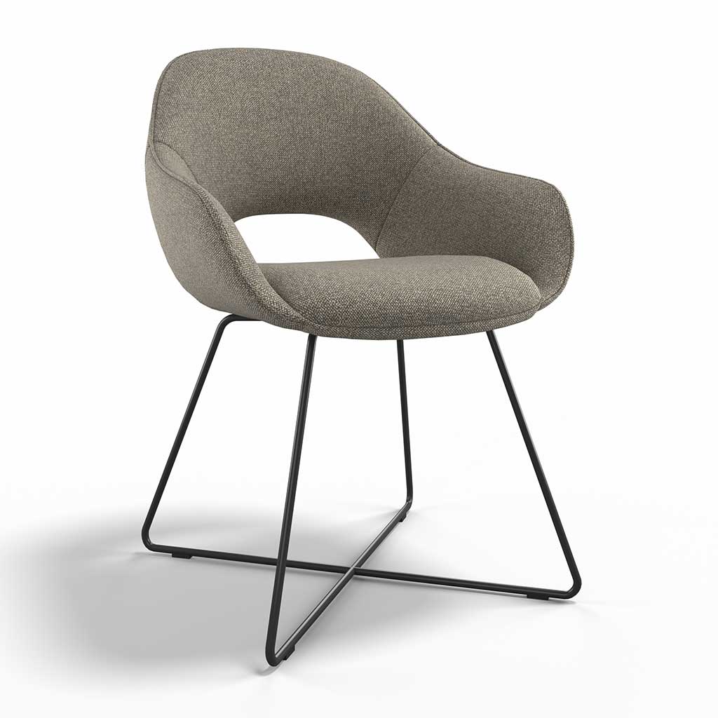 Milan dining chair in Shitake Sneak 124 fabric with black metal frame and armrests