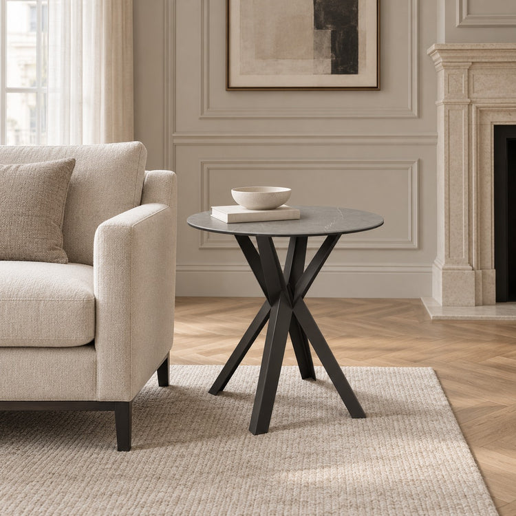 Coffee Table Usu - Grey MXC 122 Ceramic - Black Metal - Ø 57 cm - in a living room