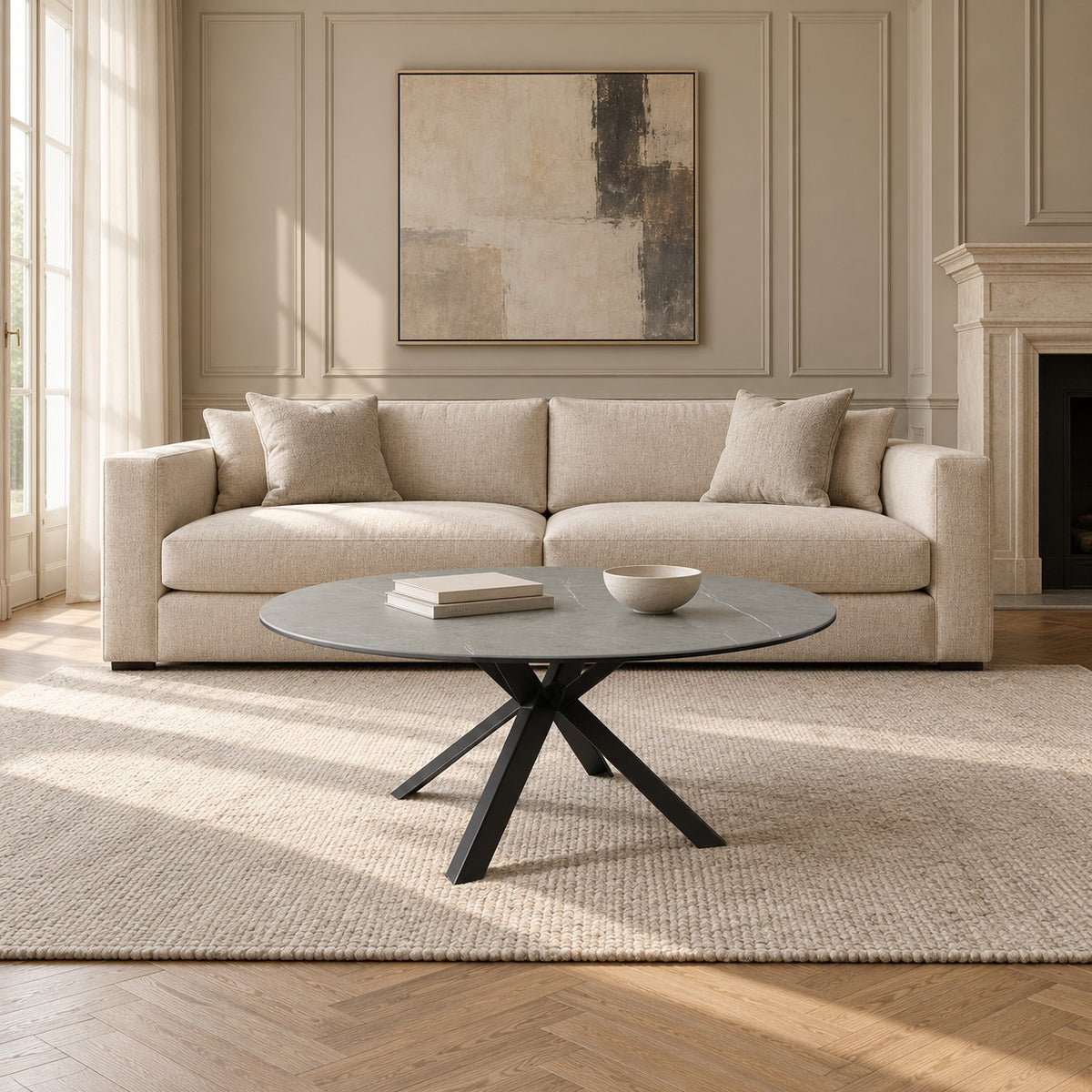 Coffee Table Usu - Grey MXC 122 Ceramic - Black Metal - Ø 90 cm - in a living room