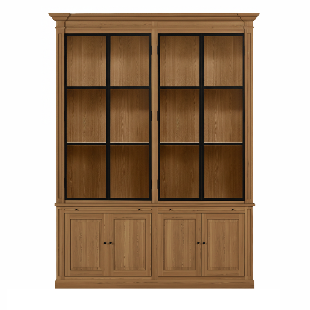 Vincester Double Display Cabinet - Solid Hoboken Oak with 4 Glass Panel Doors