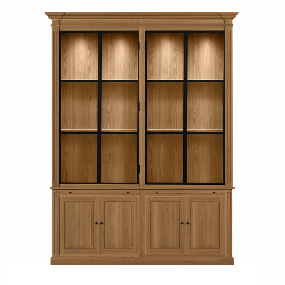 Vincester Double Display Cabinet - Solid Hoboken Oak with 4 Glass Panel Doors - View 2