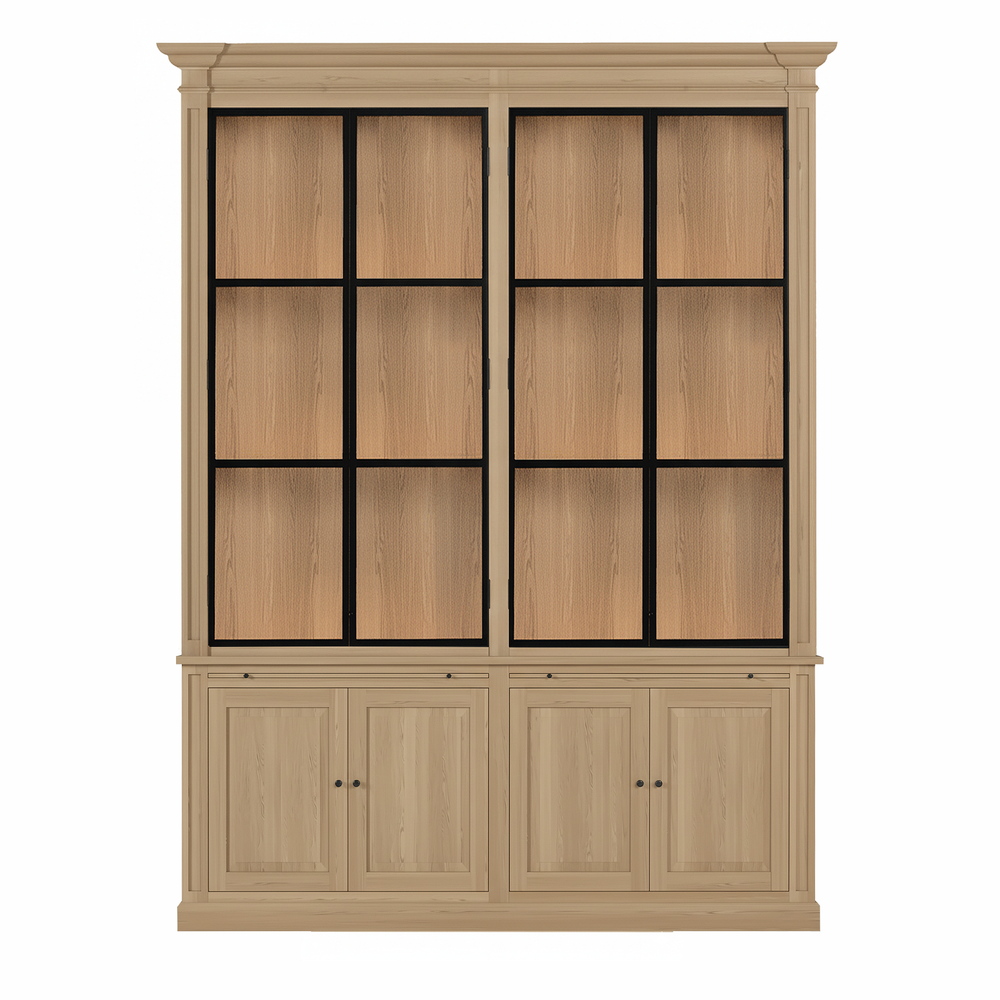 Vincester Double Display Cabinet - Solid Natural Oak with 4 Glass Panel Doors