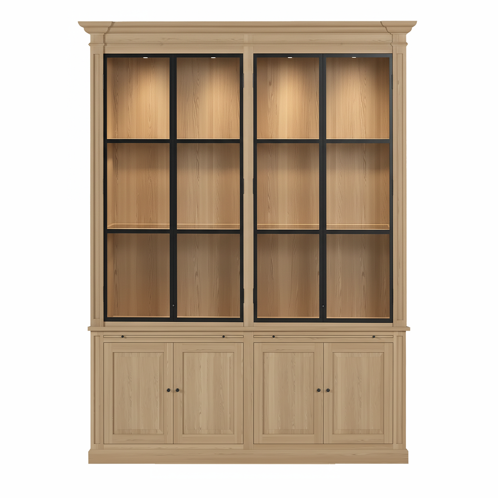 Vincester Double Display Cabinet - Solid Natural Oak with 4 Glass Panel Doors - View 2