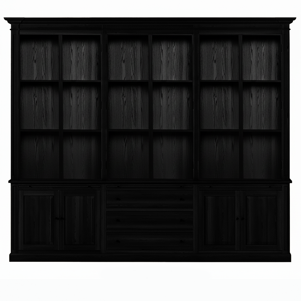 Vincester Triple Display Cabinet - Solid Black Oak with 6 Glass Panel Doors