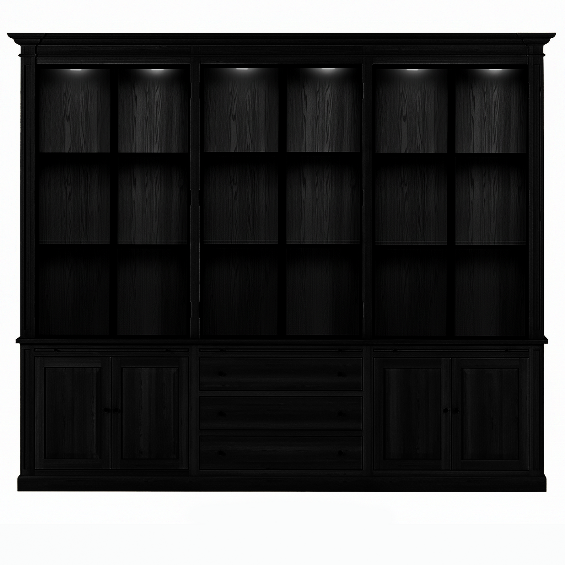 Vincester Triple Vitrine - Massif Noir Chêne avec 6 Verre Panel Portes