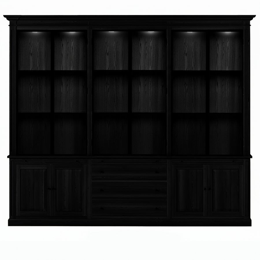 Vincester Triple Vitrine - Massif Noir Chêne avec 6 Verre Panel Portes