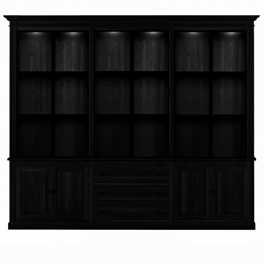 Vincester Triple Display Cabinet - Solid Black Oak with 6 Glass Panel Doors - View 2