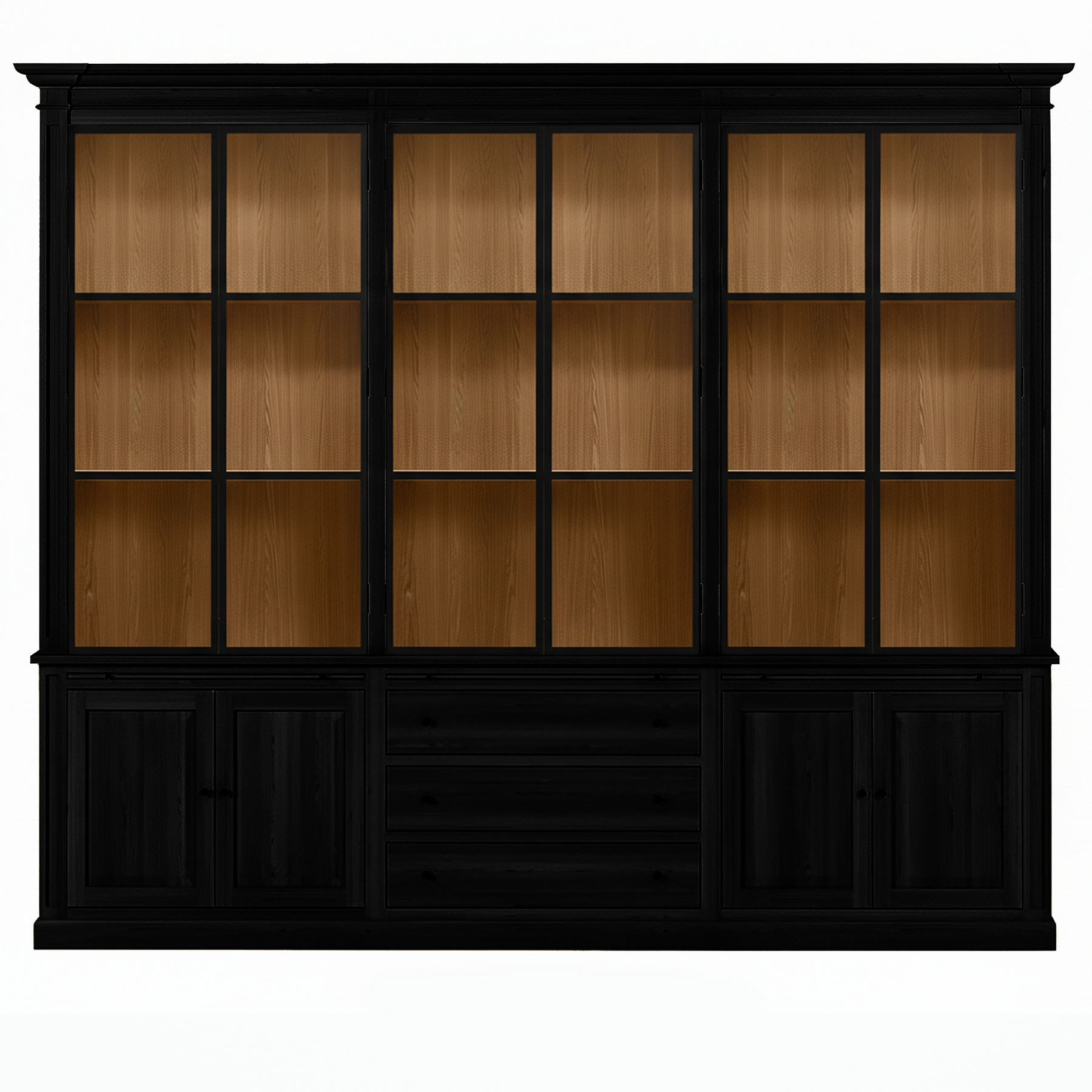 Vincester Triple Vitrine - Massif Noir Chêne avec 6 Verre Panel Portes