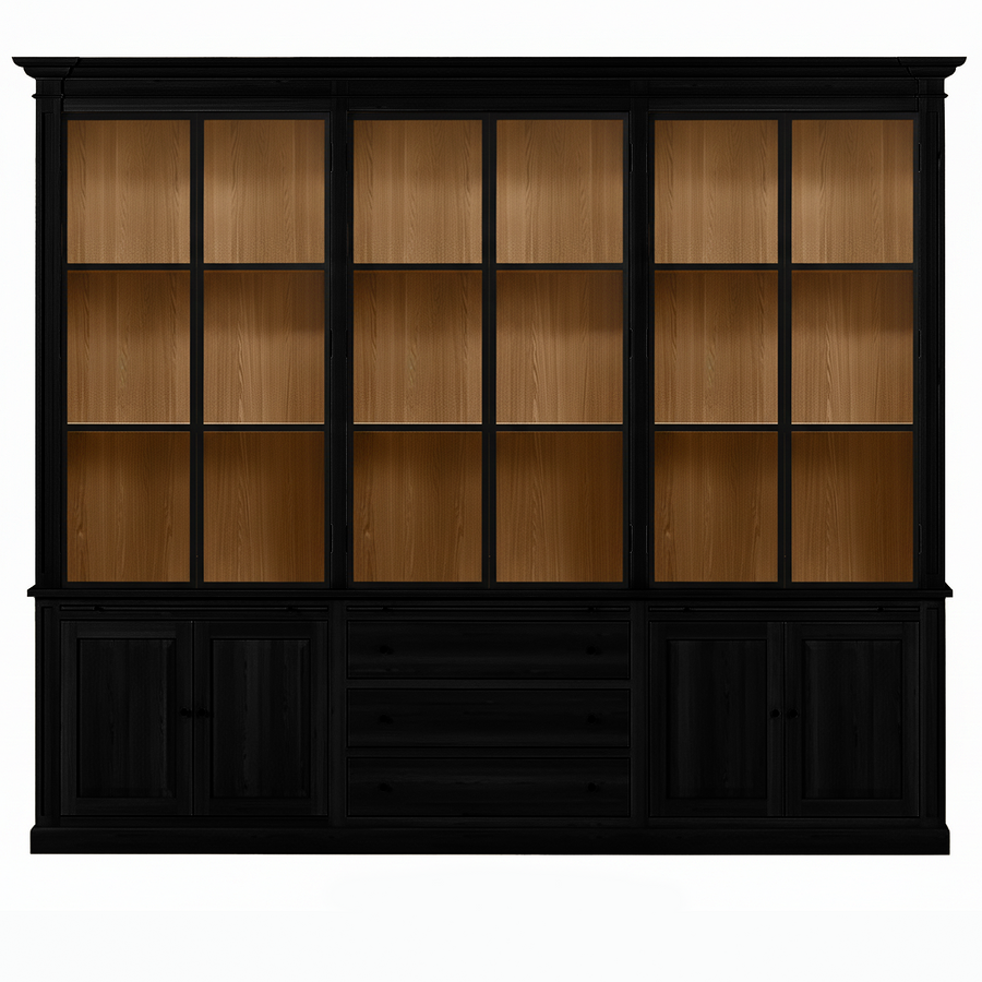 Vincester Triple Vitrine - Massif Noir Chêne avec 6 Verre Panel Portes