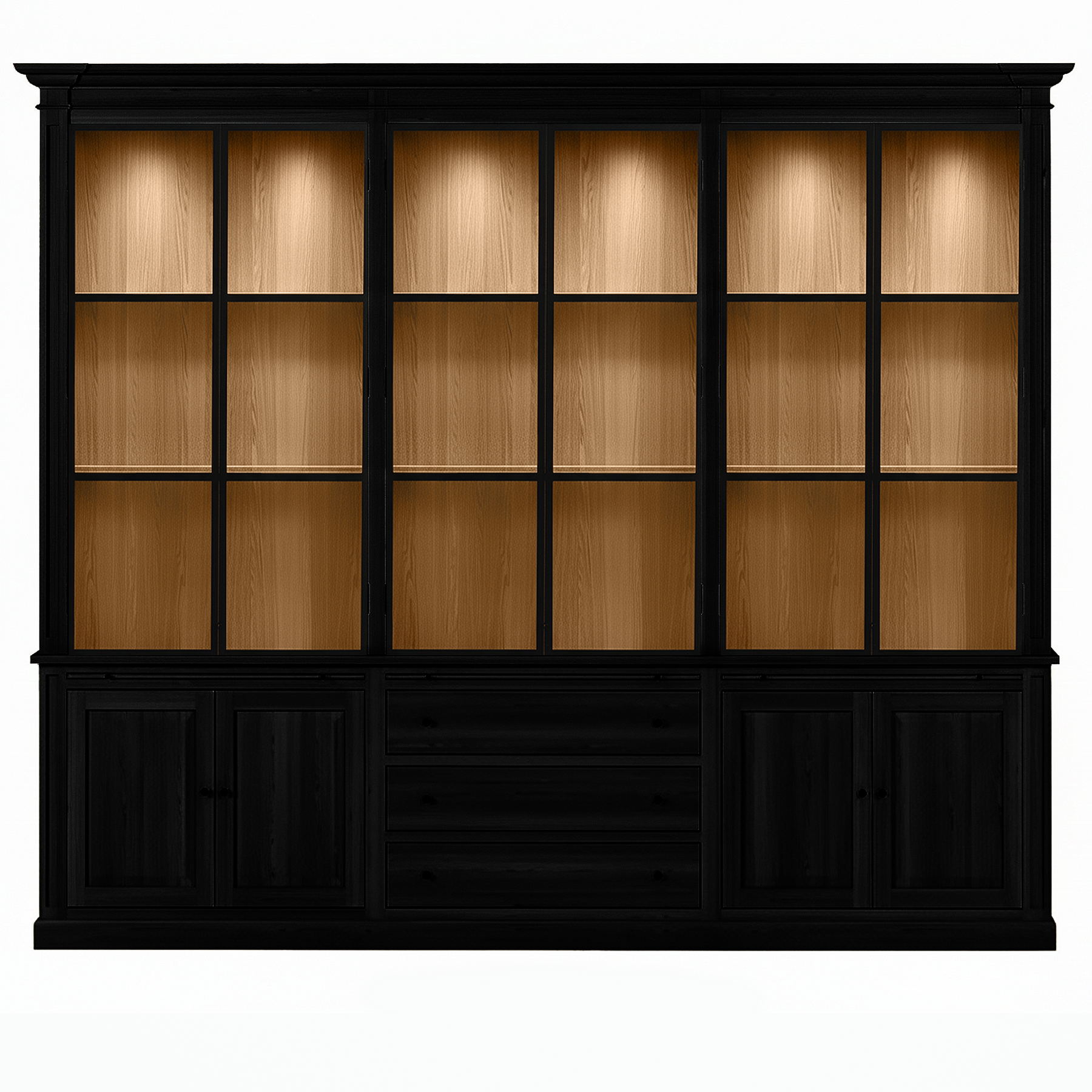 Vincester Triple Vitrine - Massif Noir Chêne avec 6 Verre Panel Portes