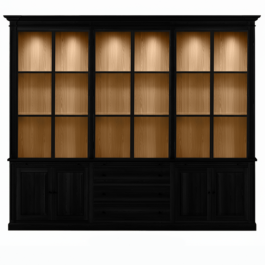 Vincester Triple Vitrine - Massif Noir Chêne avec 6 Verre Panel Portes