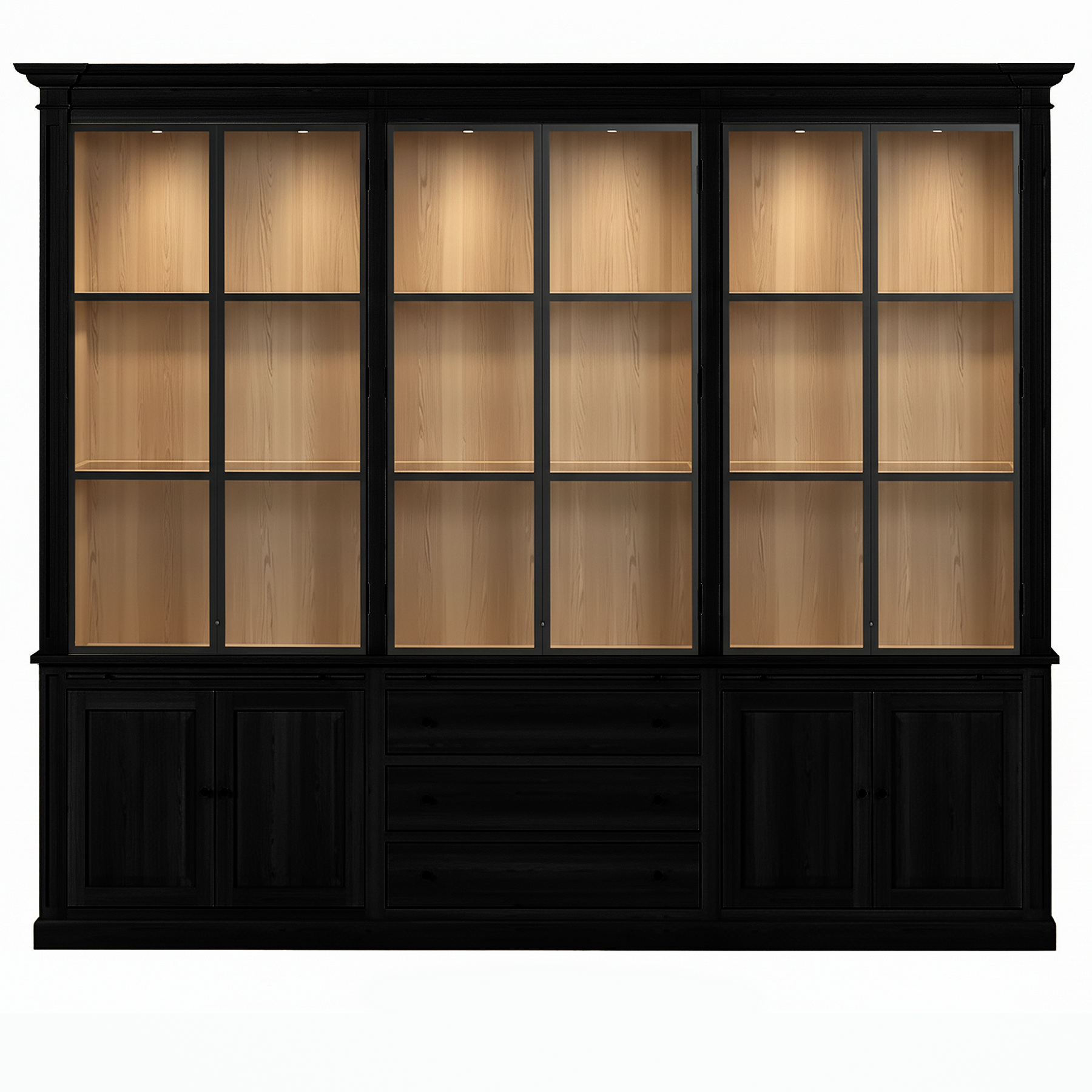 Vincester Triple Vitrine - Massif Noir Chêne avec 6 Verre Panel Portes