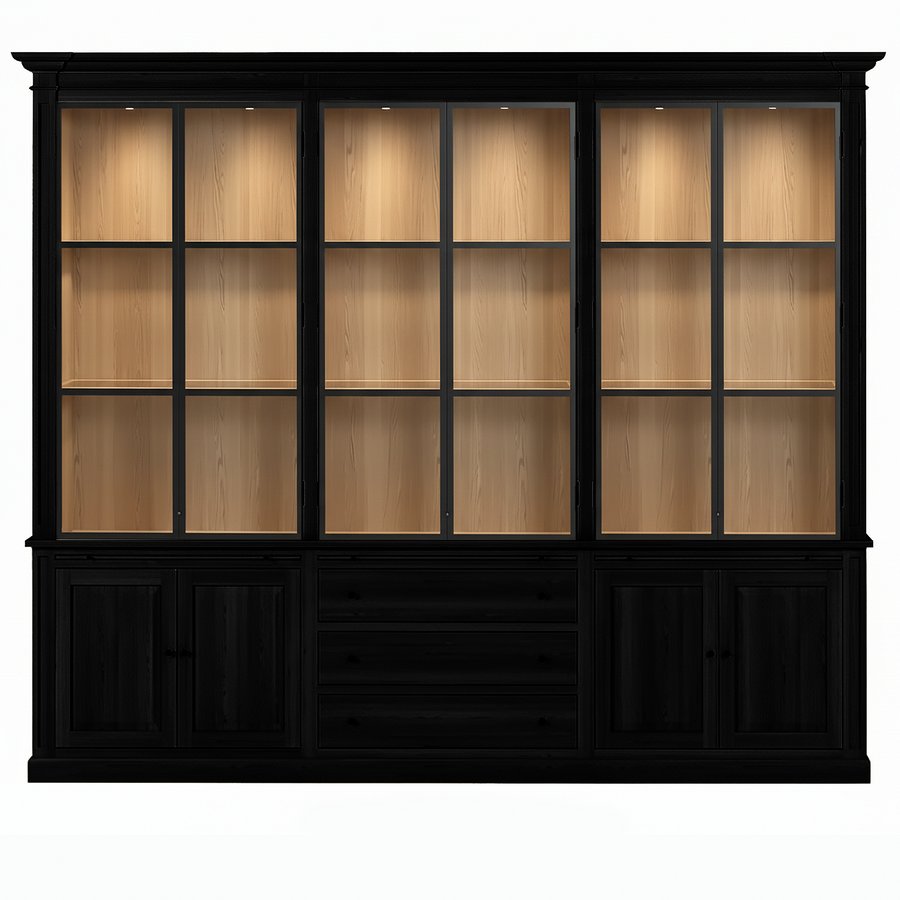 Vincester Triple Vitrine - Massif Noir Chêne avec 6 Verre Panel Portes