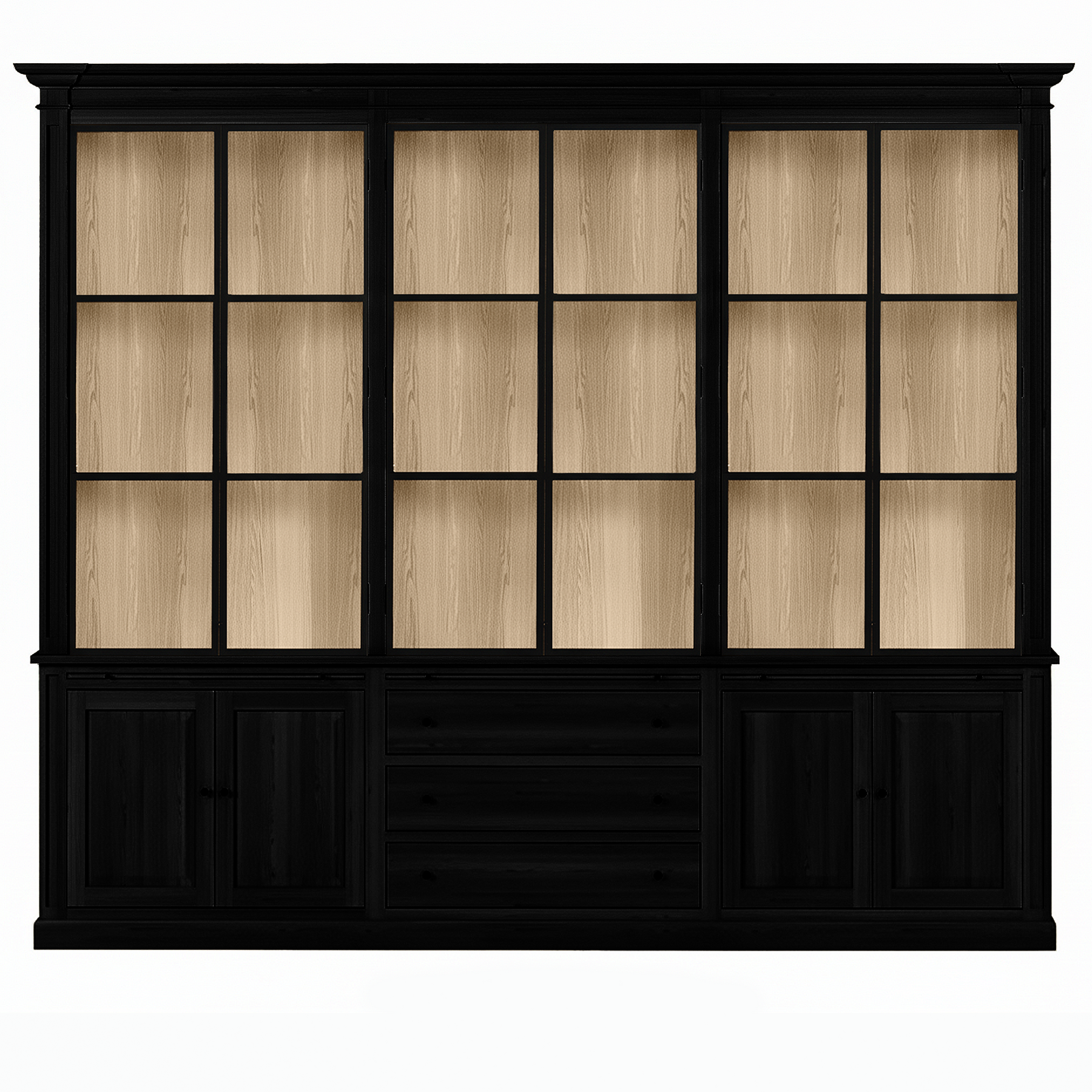 Vincester Triple Vitrine - Massif Noir Chêne avec 6 Verre Panel Portes