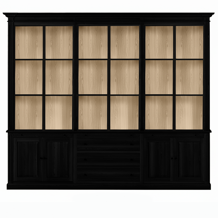 Vincester Triple Vitrine - Massif Noir Chêne avec 6 Verre Panel Portes
