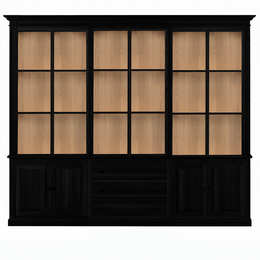 Vincester Triple Vitrine - Massif Noir Chêne avec 6 Verre Panel Portes