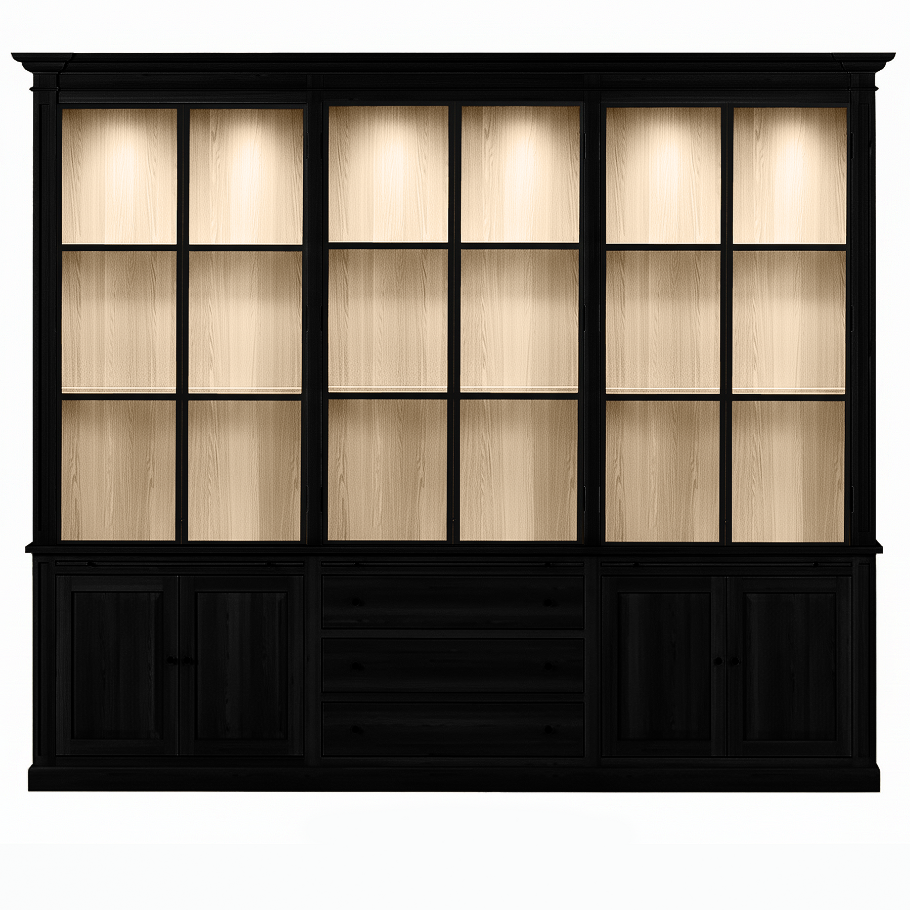Vincester Triple Vitrine - Massif Noir Chêne avec 6 Verre Panel Portes