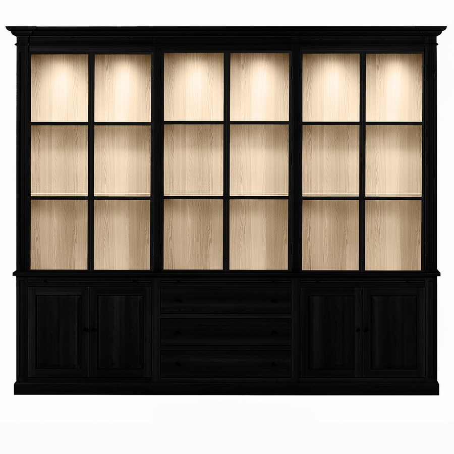 Vincester Triple Vitrine - Massif Noir Chêne avec 6 Verre Panel Portes