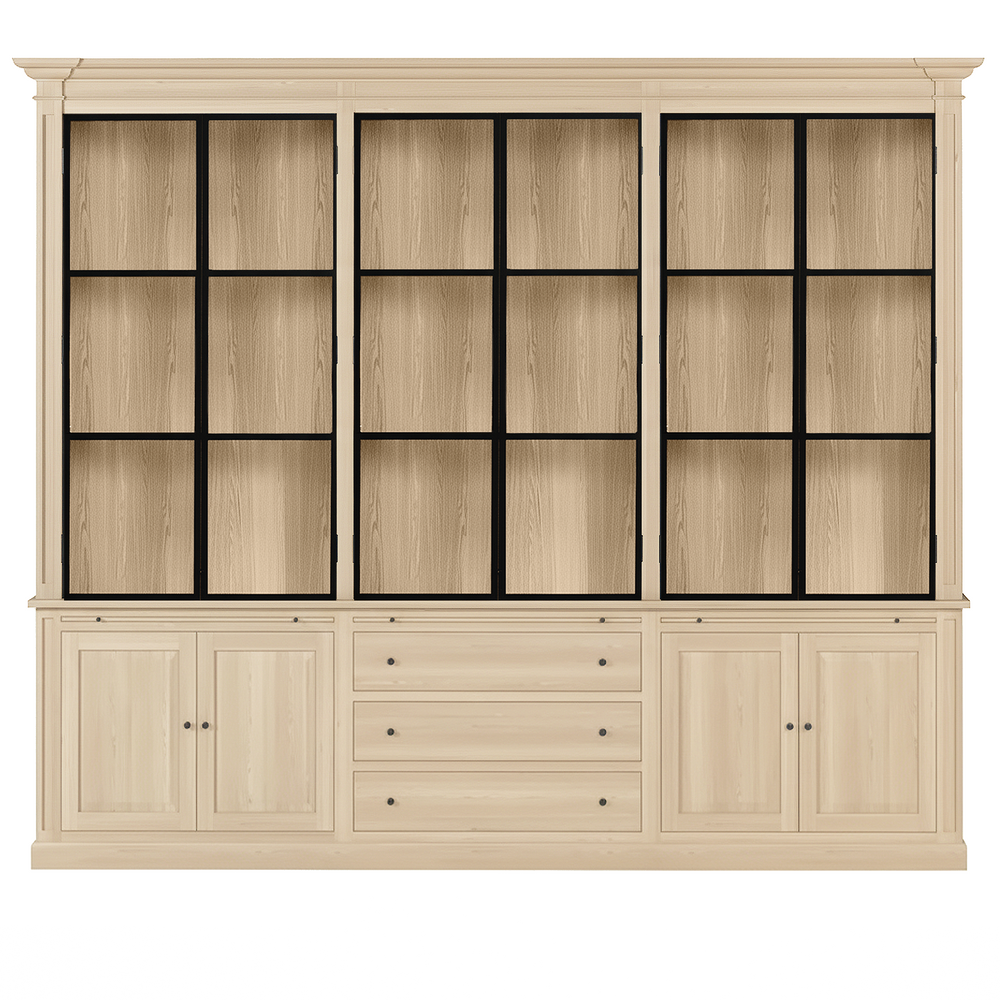 Vincester Triple Display Cabinet - Solid White Oak with 6 Glass Panel Doors