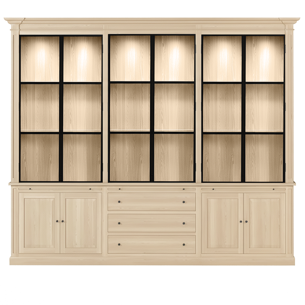 Vincester Triple Display Cabinet - Solid White Oak with 6 Glass Panel Doors - View 2