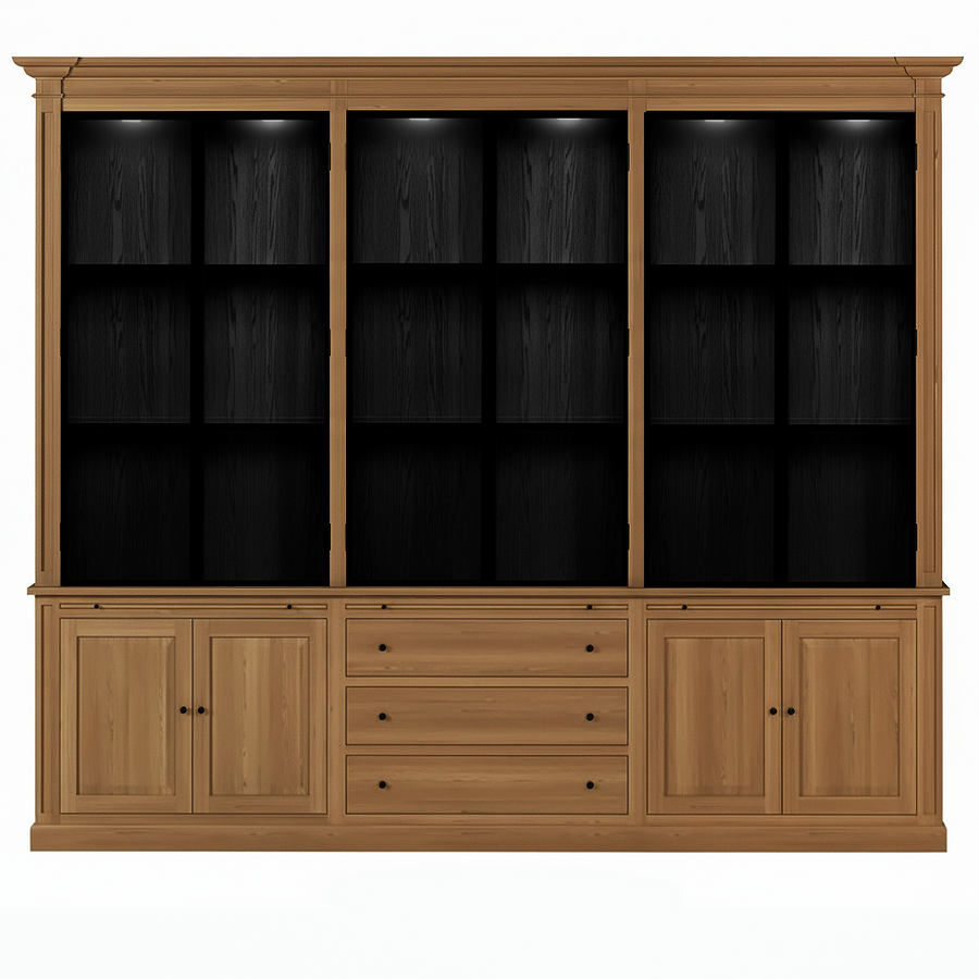 Vincester Triple Vitrine - Massiv Hoboken Eiche mit 6 Glas Paneel Türen