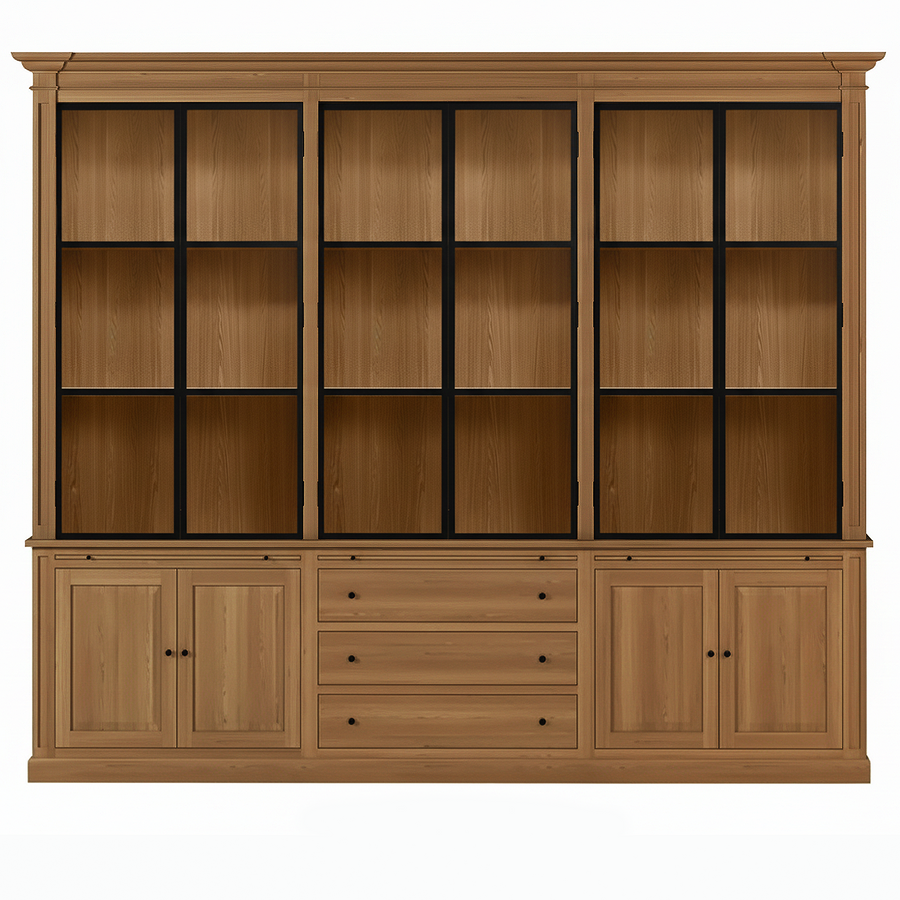 Vincester Triple Vitrine - Massiv Hoboken Eiche mit 6 Glas Paneel Türen