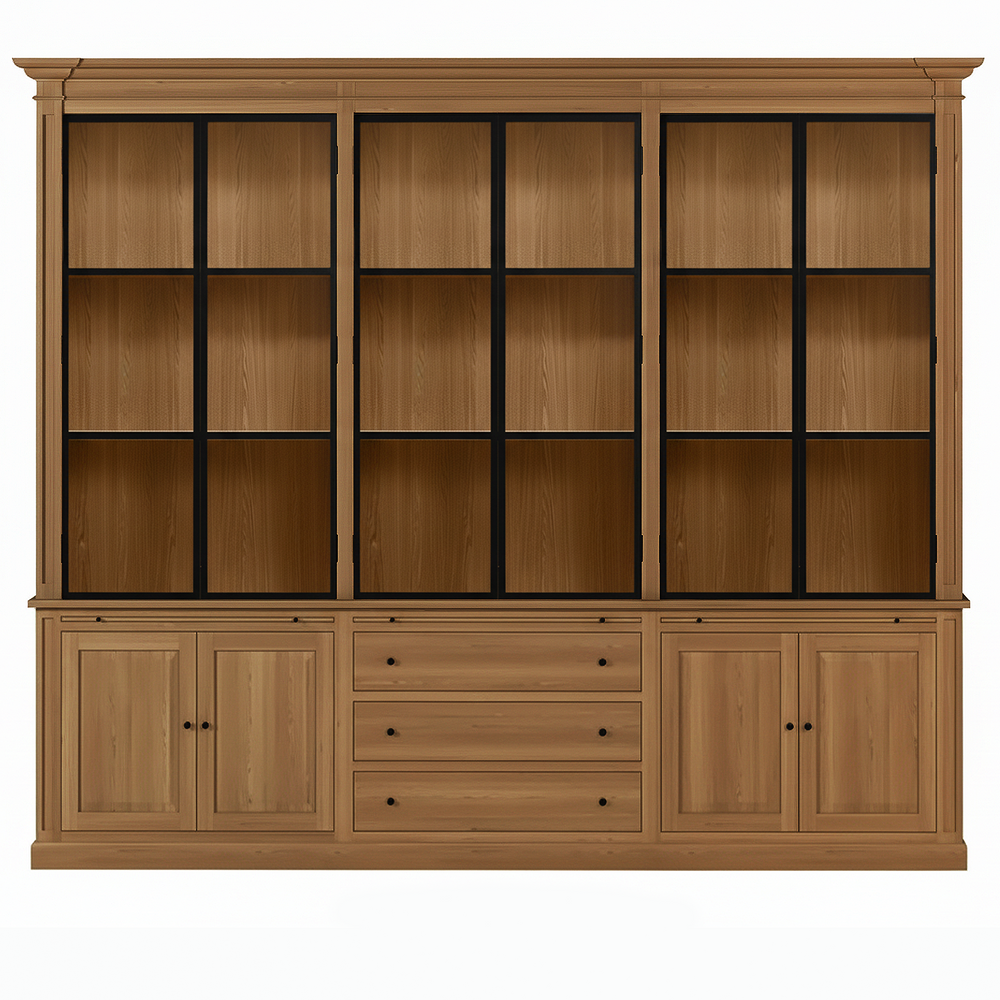 Vincester Triple Display Cabinet - Solid Hoboken Oak with 6 Glass Panel Doors