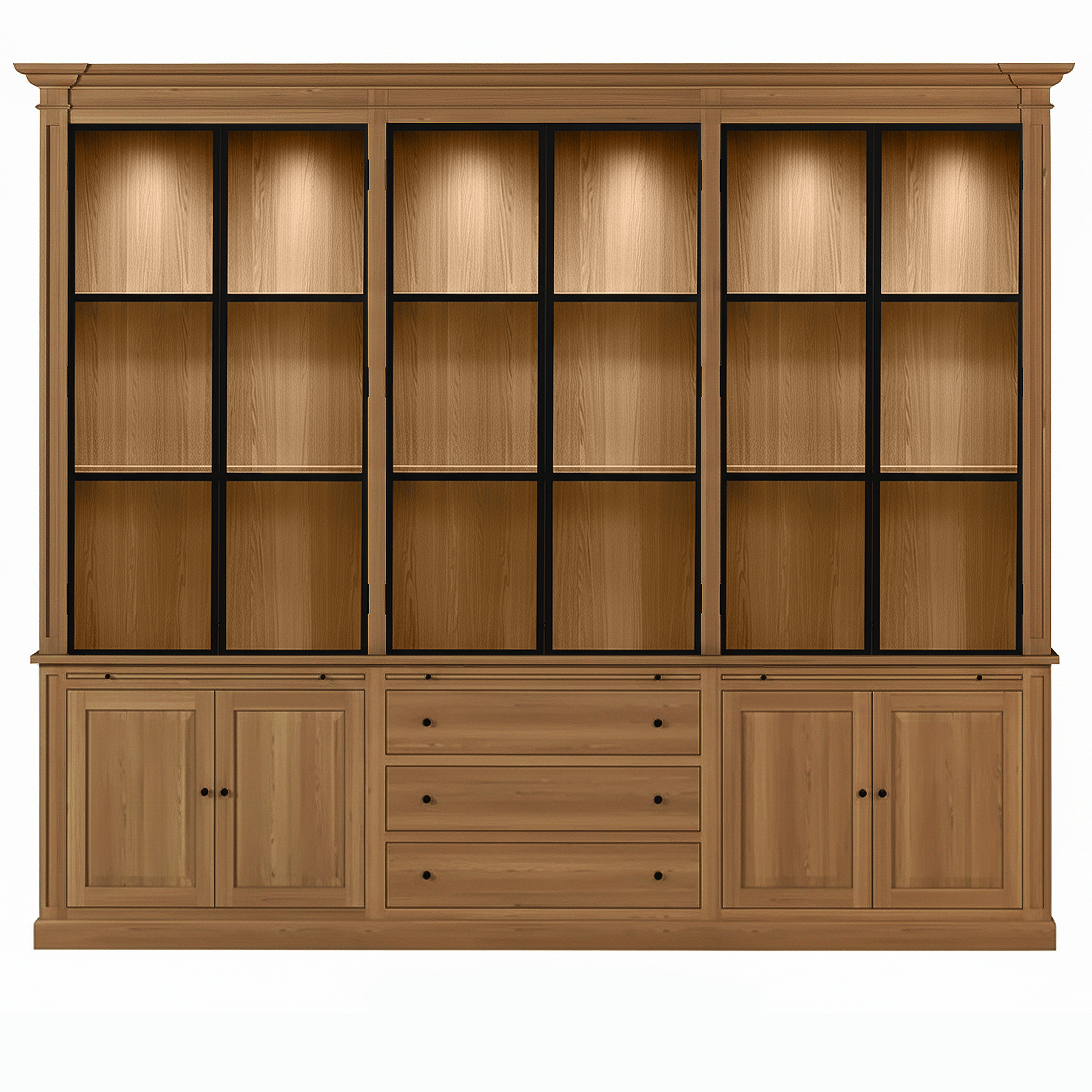 Vincester Triple Vitrine - Massiv Hoboken Eiche mit 6 Glas Paneel Türen