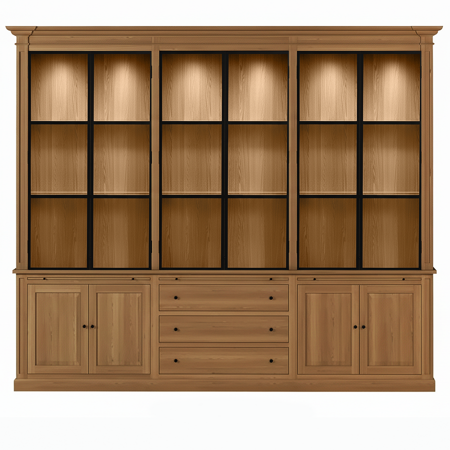 Vincester Triple Vitrine - Massiv Hoboken Eiche mit 6 Glas Paneel Türen