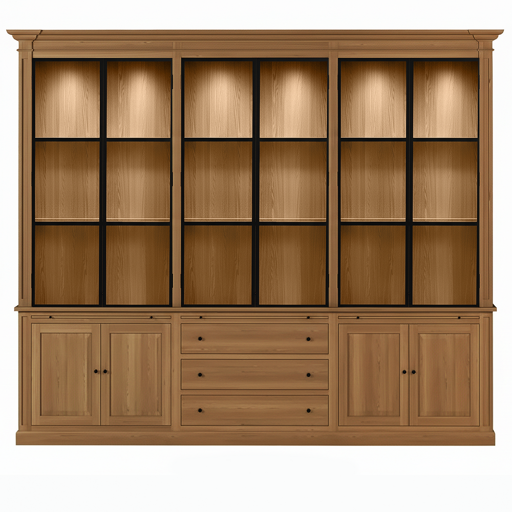 Vincester Triple Display Cabinet - Solid Hoboken Oak with 6 Glass Panel Doors - View 2