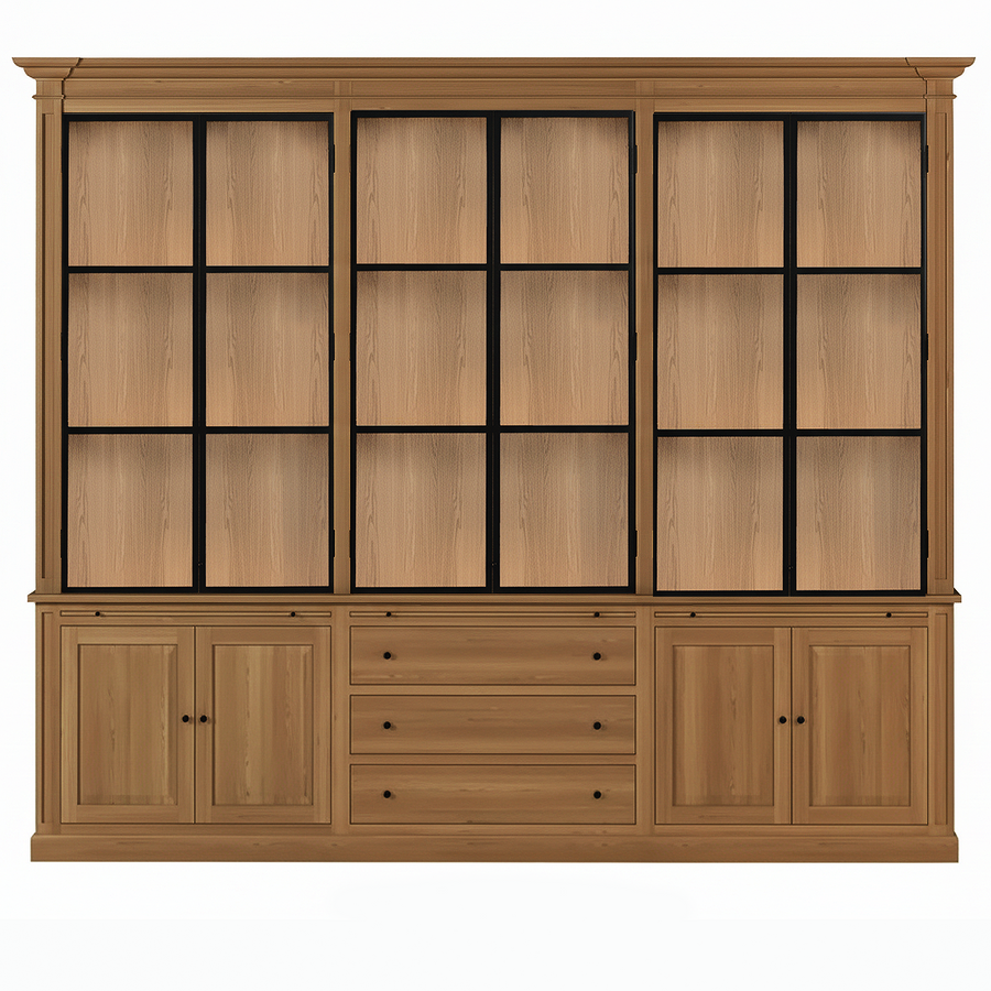 Vincester Triple Vitrine - Massiv Hoboken Eiche mit 6 Glas Paneel Türen