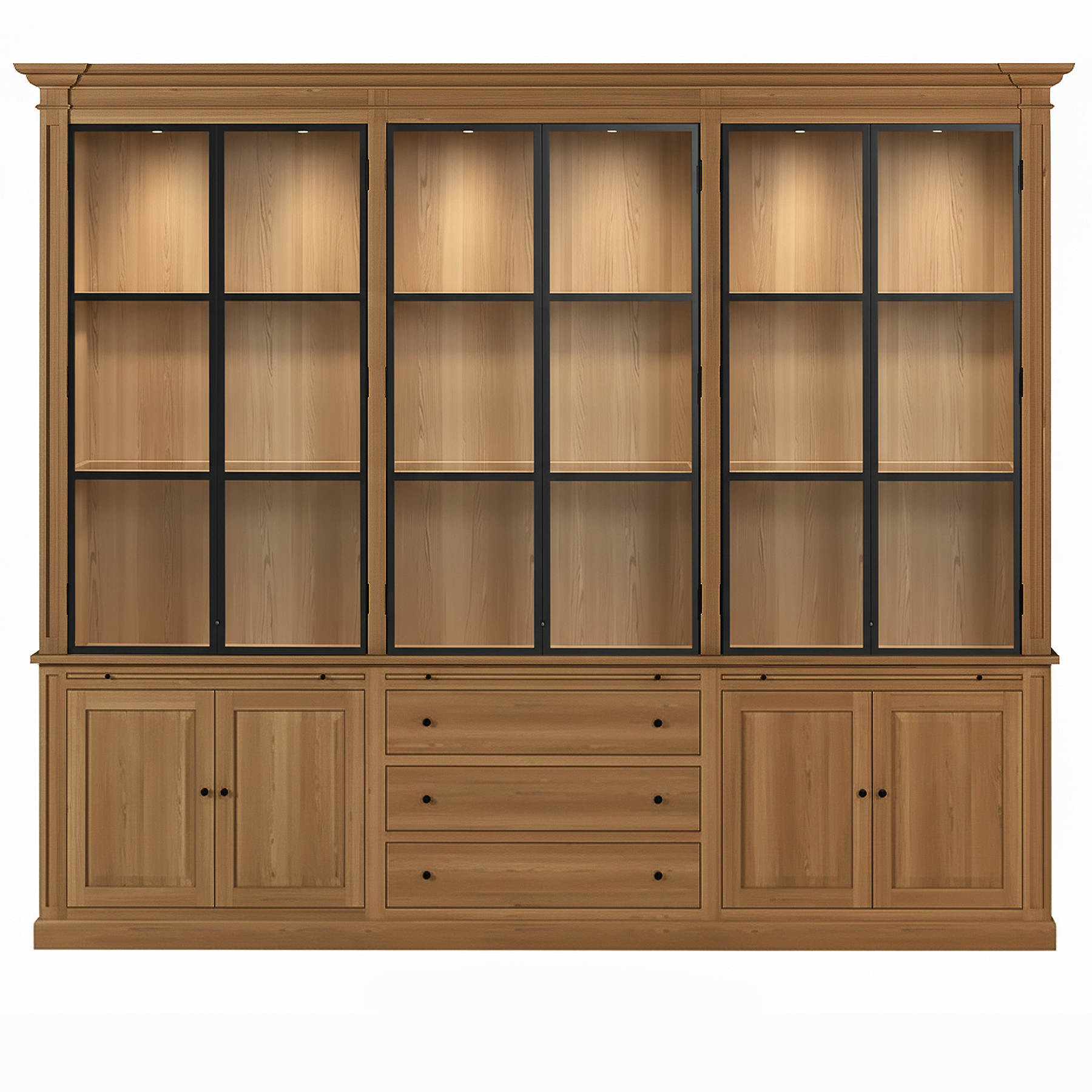 Vincester Triple Vitrine - Massiv Hoboken Eiche mit 6 Glas Paneel Türen