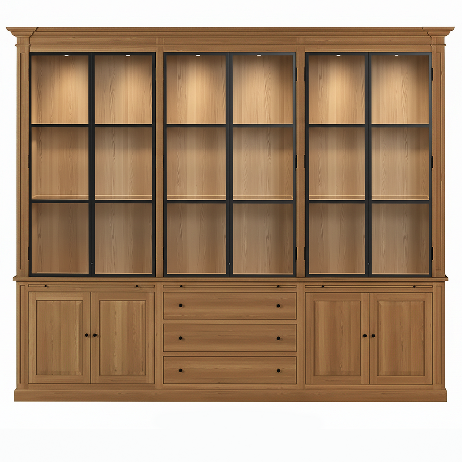Vincester Triple Vitrine - Massiv Hoboken Eiche mit 6 Glas Paneel Türen