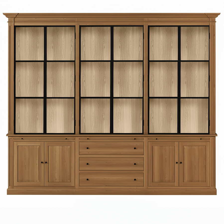 Vincester Triple Vitrine - Massiv Hoboken Eiche mit 6 Glas Paneel Türen