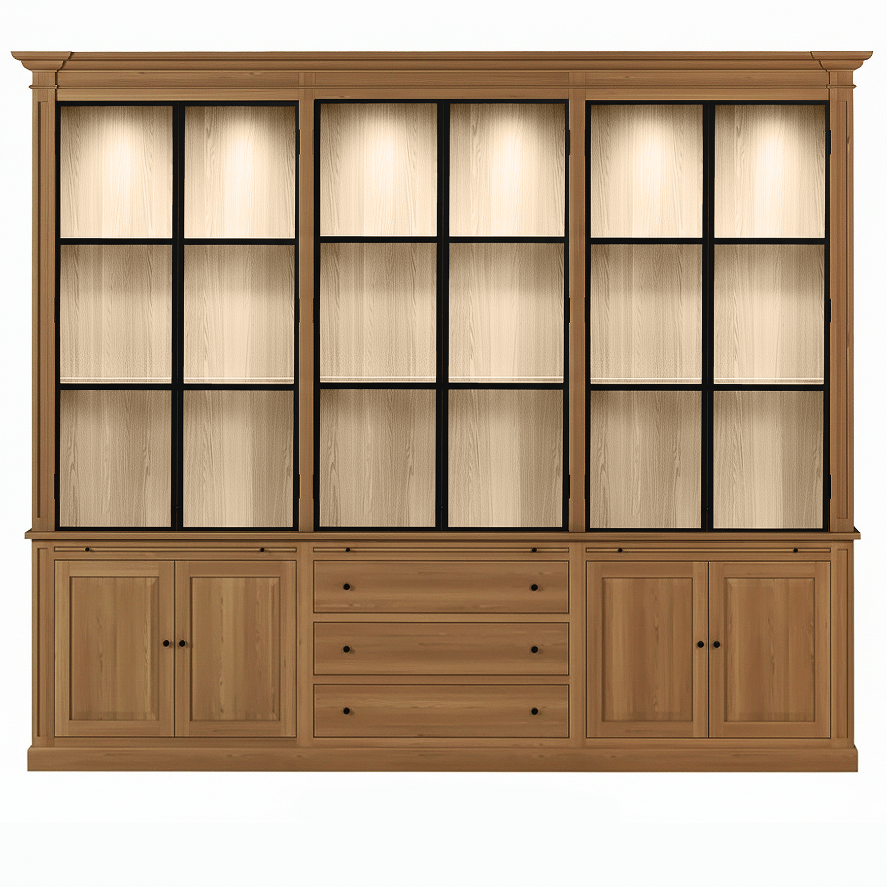 Vincester Triple Vitrine - Massiv Hoboken Eiche mit 6 Glas Paneel Türen