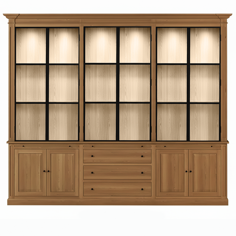 Vincester Triple Vitrine - Massiv Hoboken Eiche mit 6 Glas Paneel Türen