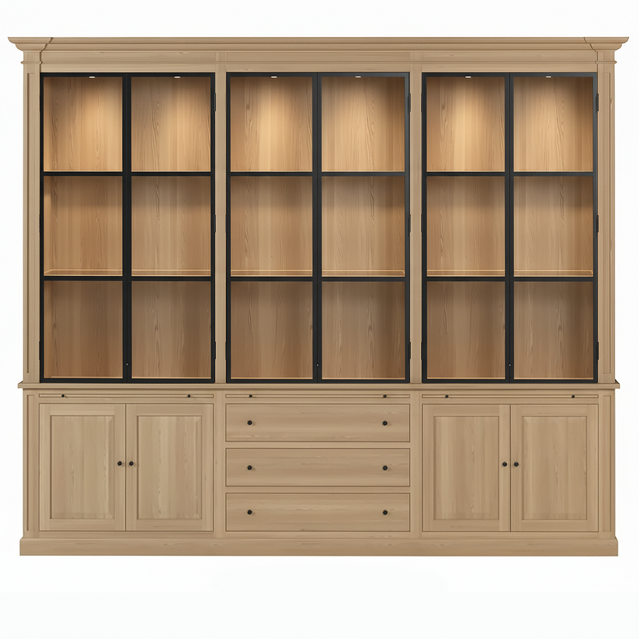Vincester Triple Vitrine - Massif Chêne naturel avec 6 Verre Panel Portes