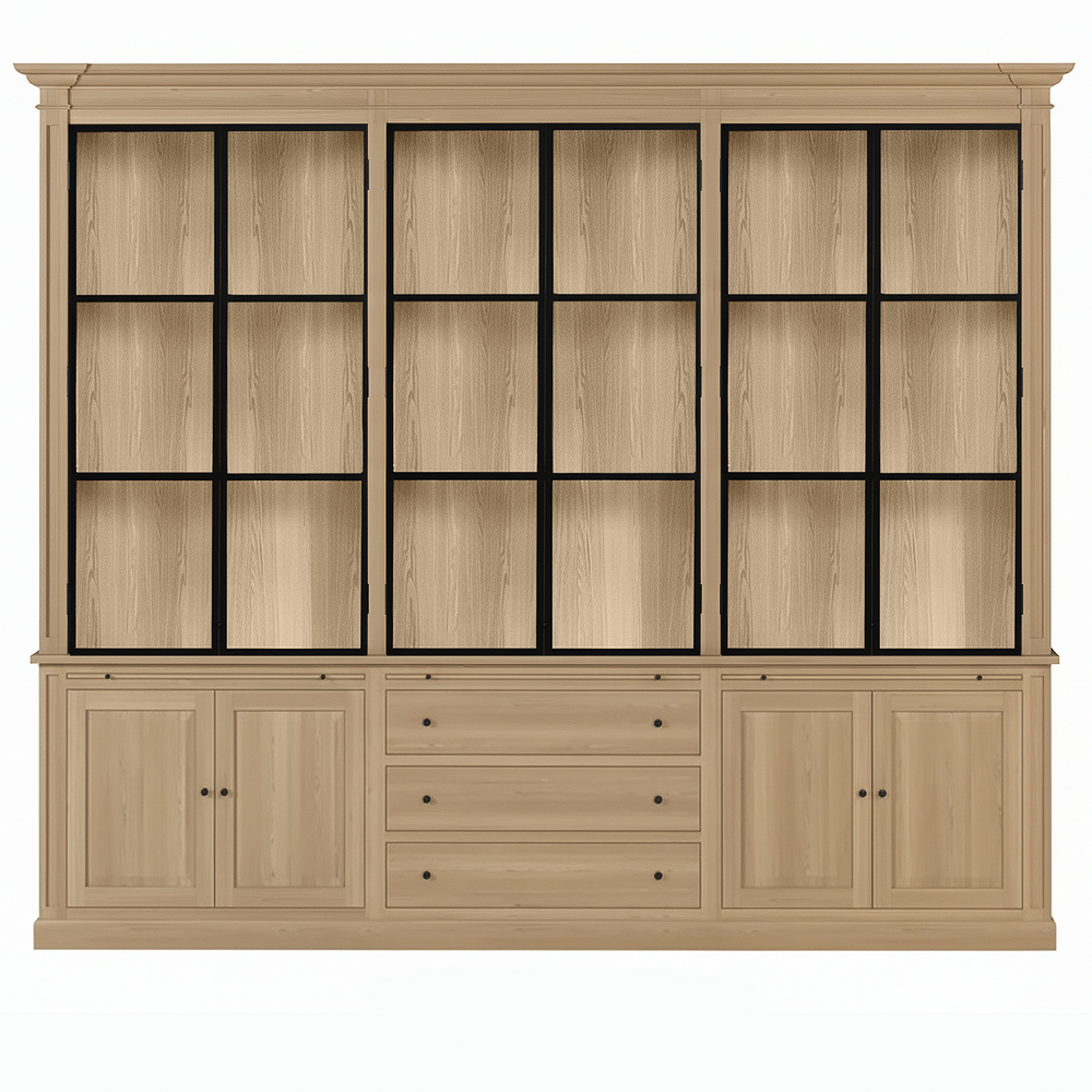 Vincester Triple Display Cabinet - Solid Natural Oak with 6 Glass Panel Doors