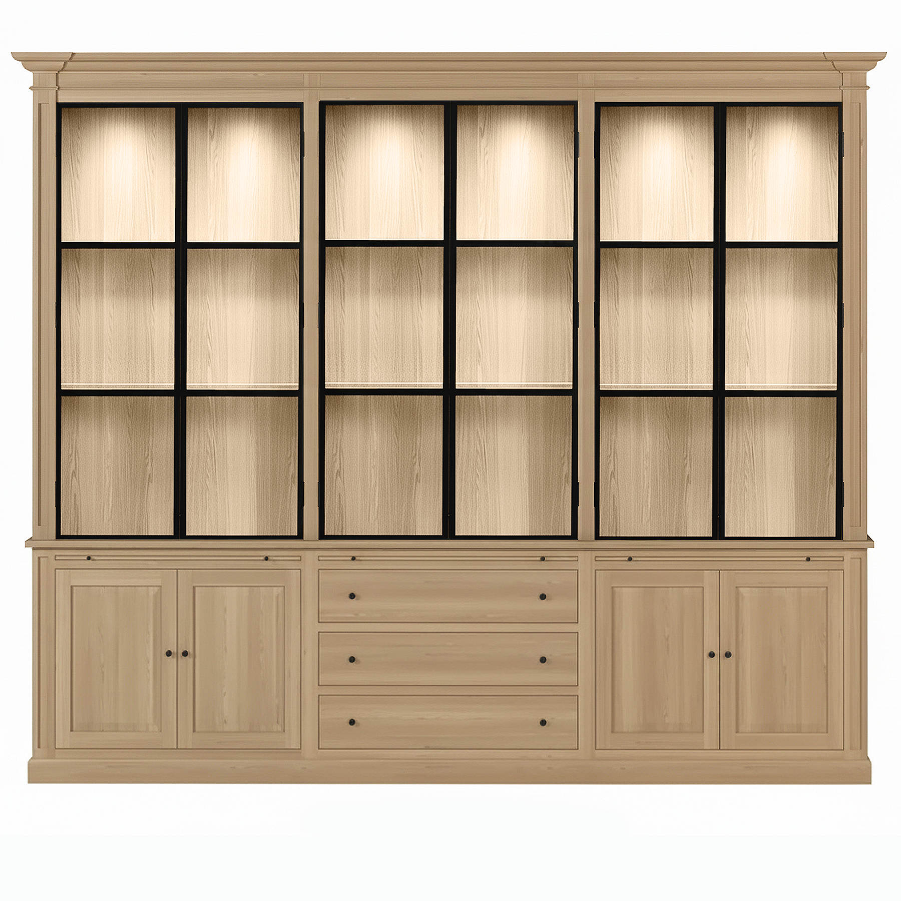 Vincester Triple Vitrine - Massif Chêne naturel avec 6 Verre Panel Portes