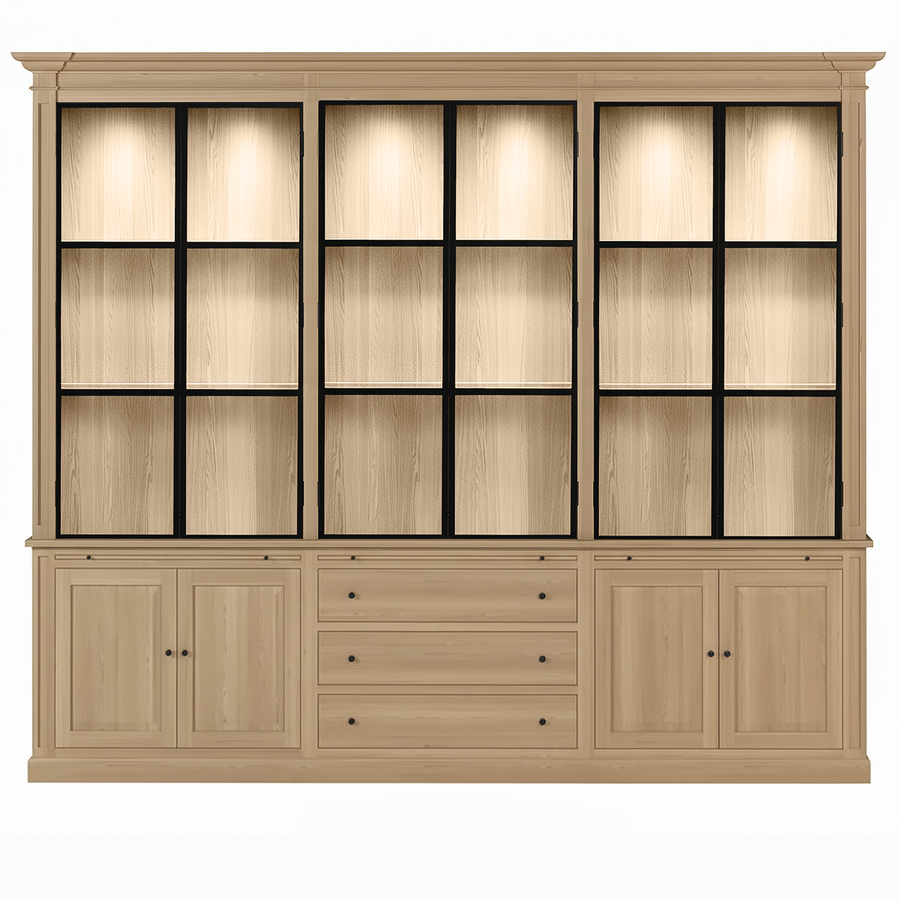 Vincester Triple Vitrine - Massif Chêne naturel avec 6 Verre Panel Portes