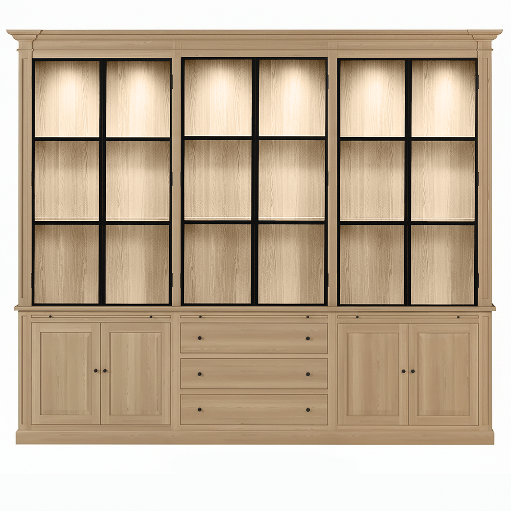 Vincester Triple Display Cabinet - Solid Natural Oak with 6 Glass Panel Doors - View 2