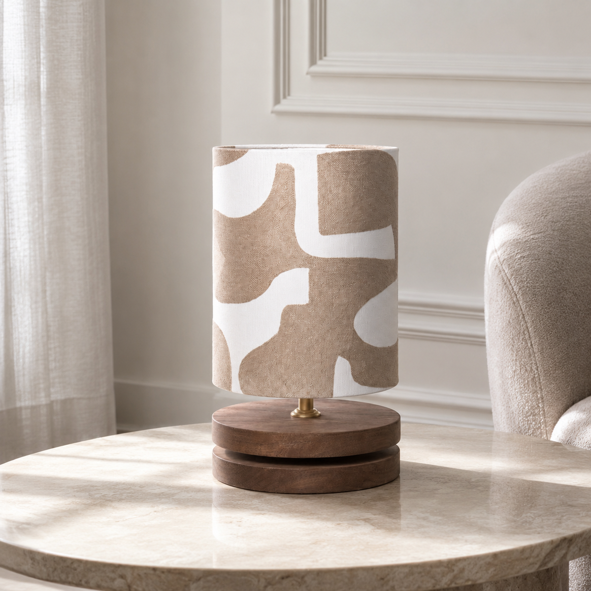Table Lamp Niels 4349M Natural with light turned on showing warm glow through Harlequin Orange fabric shade, natural metal base on white background by Marcottestyle