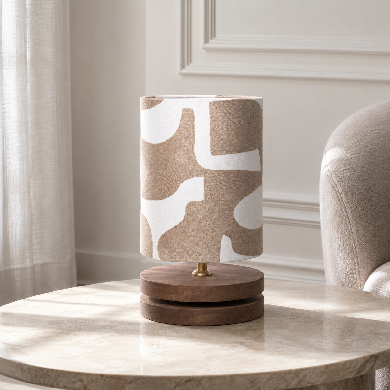 Table Lamp Niels 4349M Natural with light turned on showing warm glow through Harlequin Orange fabric shade, natural metal base on white background by Marcottestyle
