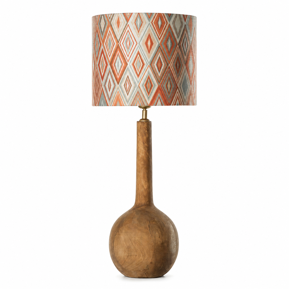 Table Lamp Niels 8640G Natural front view, featuring a metal base with a natural finish and an orange Harlequin patterned cylindrical lampshade, professional studio lighting on white background by Marcottestyle