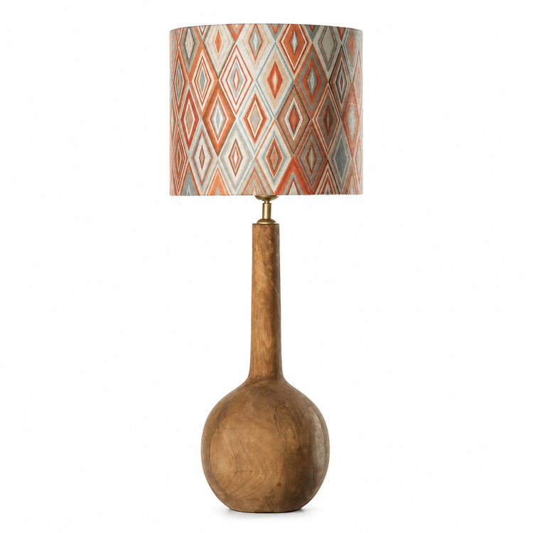 Table Lamp Niels 8640G Natural front view, featuring a metal base with a natural finish and an orange Harlequin patterned cylindrical lampshade, professional studio lighting on white background by Marcottestyle