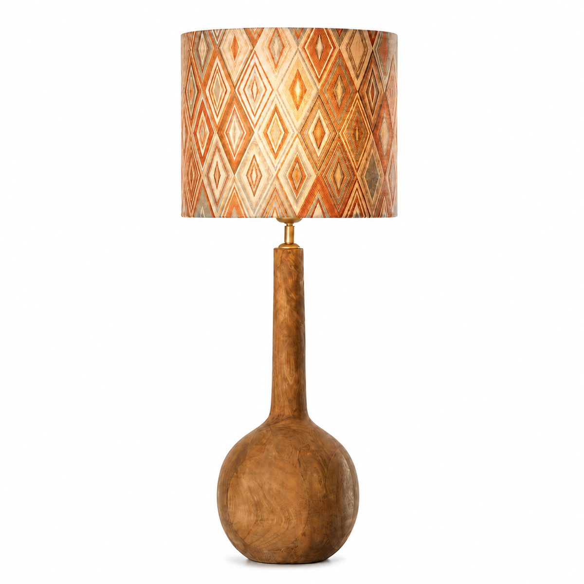 Table Lamp Niels 8640G Natural with light turned on, warm glow softly visible through the orange Harlequin fabric shade, natural metal base on white background by Marcottestyle