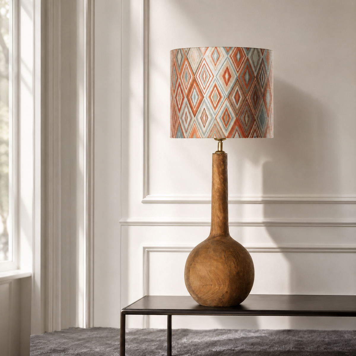 Table Lamp Niels 8640G Natural styled in a modern luxury interior room setting with natural sunlight, velvet carpet and classic framing, photorealistic product photography by Marcottestyle